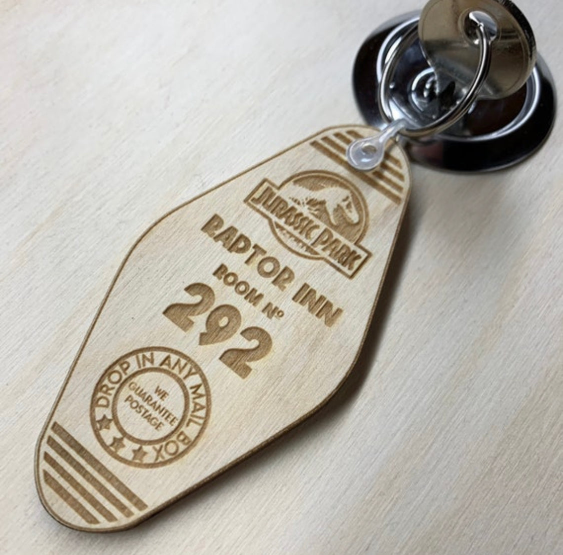Raptor Inn wooden fantasy Jurassic Park Motel Keyring