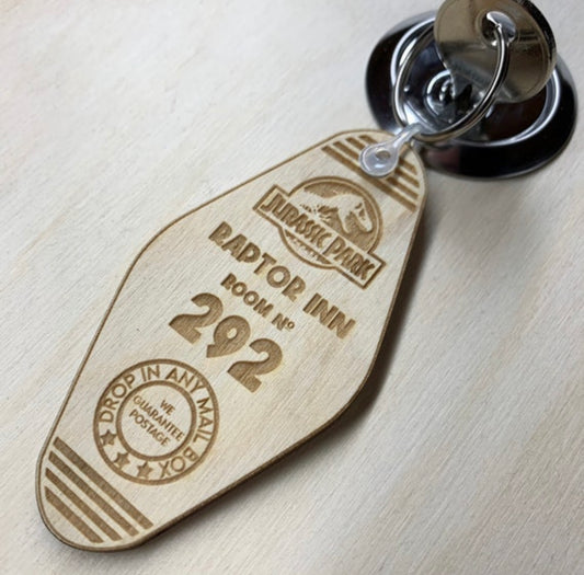 Raptor Inn wooden fantasy Jurassic Park Motel Keyring